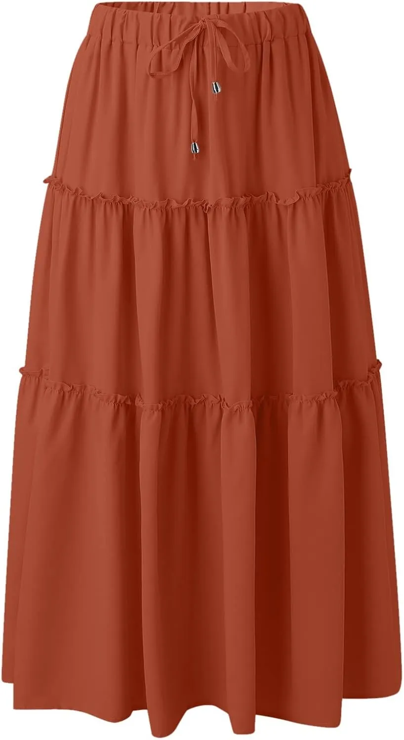Maxi Skirt for Women Flowy Elastic High Waist Long Skirts Boho Summer Beach Pleated A-Line Skirts with Drawstring