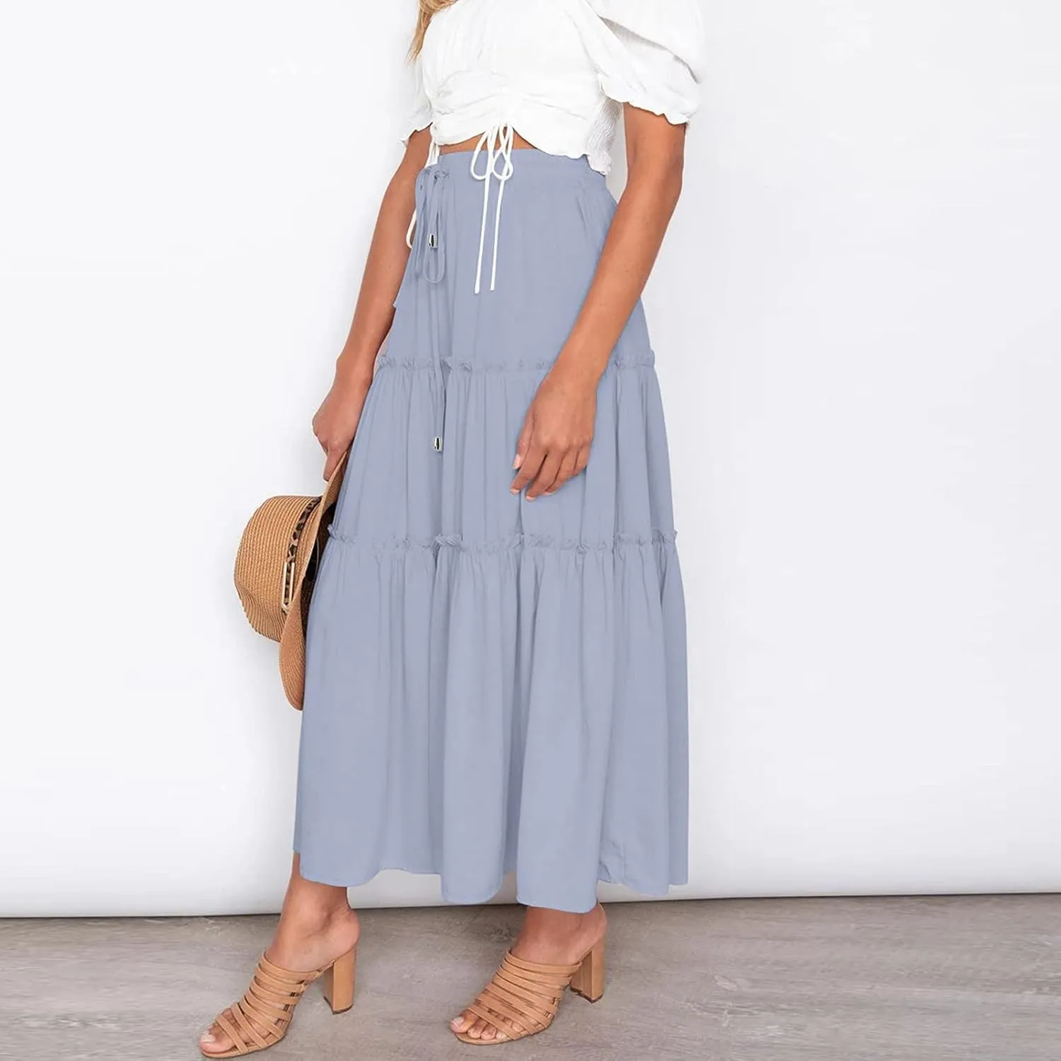 Maxi Skirt for Women Flowy Elastic High Waist Long Skirts Boho Summer Beach Pleated A-Line Skirts with Drawstring