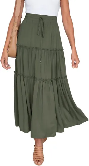 Maxi Skirt for Women Flowy Elastic High Waist Long Skirts Boho Summer Beach Pleated A-Line Skirts with Drawstring