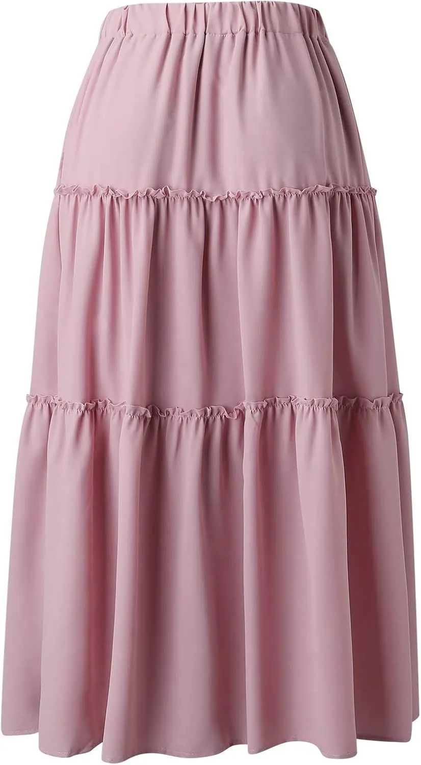 Maxi Skirt for Women Flowy Elastic High Waist Long Skirts Boho Summer Beach Pleated A-Line Skirts with Drawstring