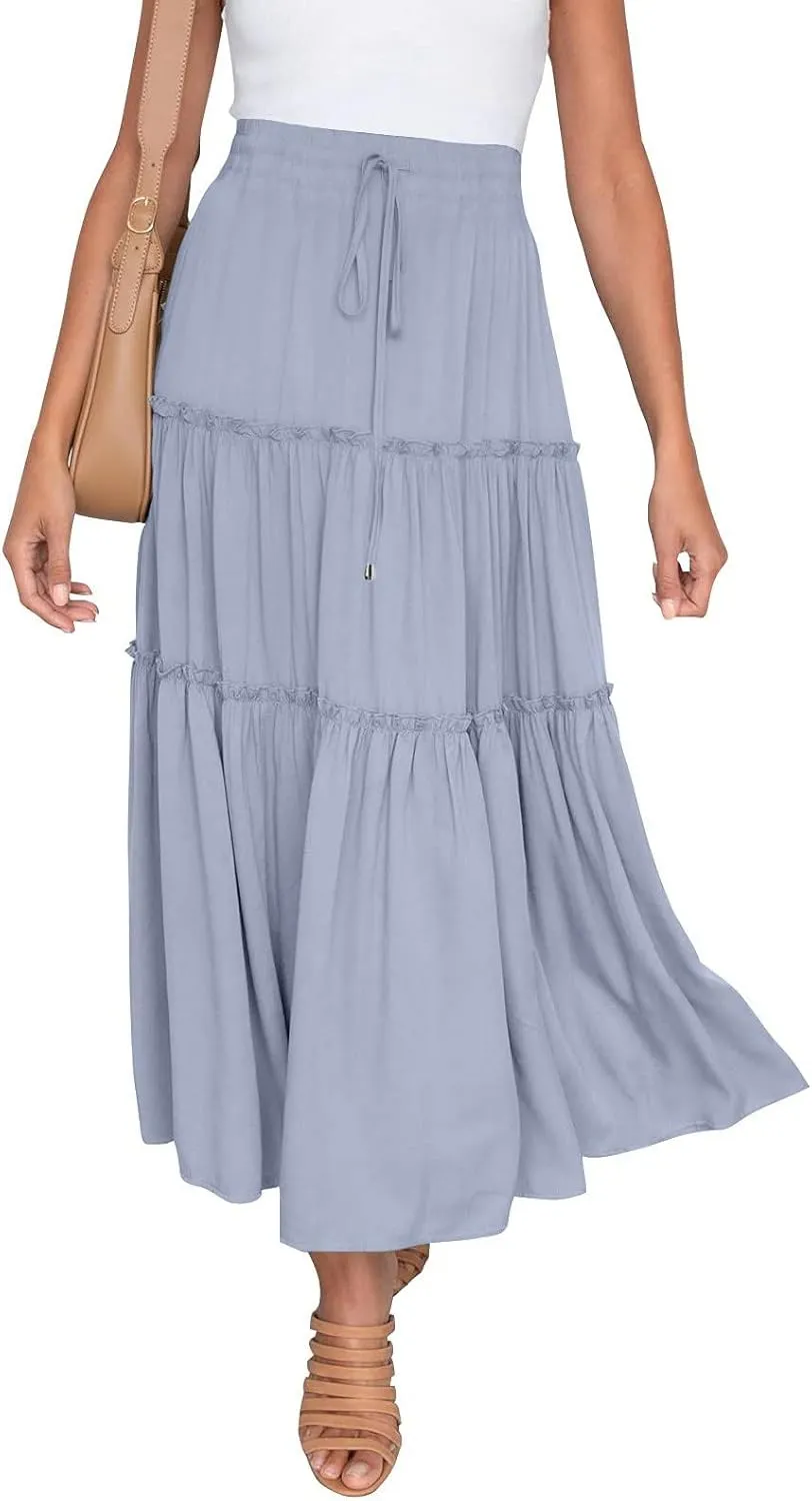 Maxi Skirt for Women Flowy Elastic High Waist Long Skirts Boho Summer Beach Pleated A-Line Skirts with Drawstring