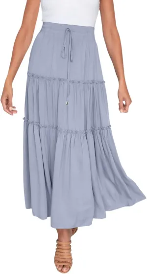 Maxi Skirt for Women Flowy Elastic High Waist Long Skirts Boho Summer Beach Pleated A-Line Skirts with Drawstring