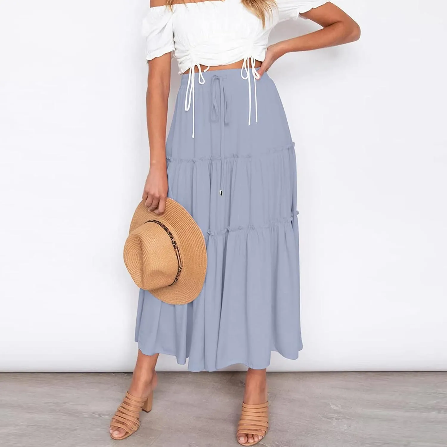 Maxi Skirt for Women Flowy Elastic High Waist Long Skirts Boho Summer Beach Pleated A-Line Skirts with Drawstring