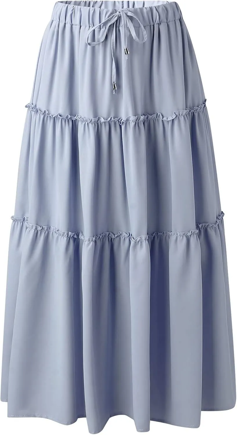 Maxi Skirt for Women Flowy Elastic High Waist Long Skirts Boho Summer Beach Pleated A-Line Skirts with Drawstring