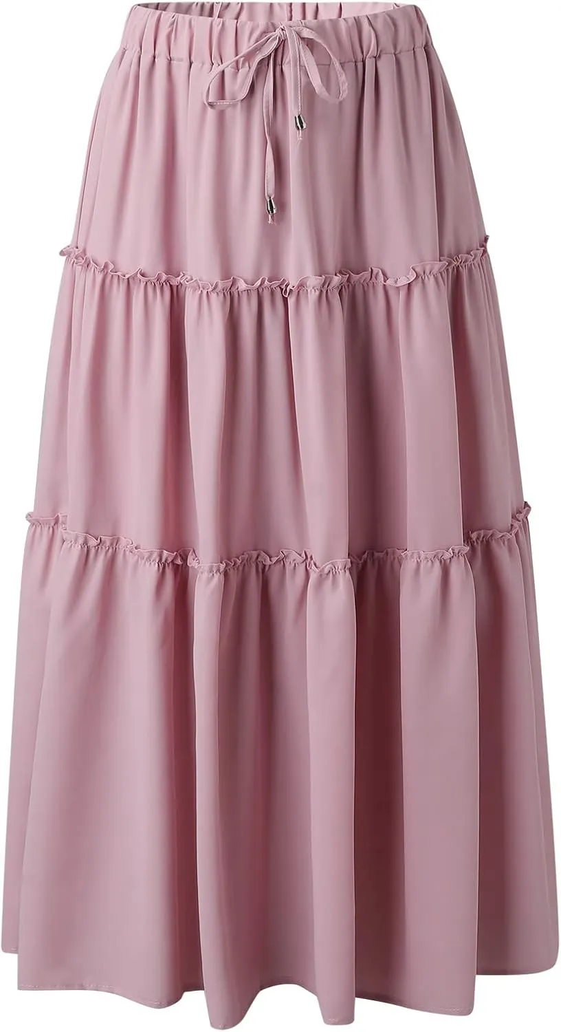 Maxi Skirt for Women Flowy Elastic High Waist Long Skirts Boho Summer Beach Pleated A-Line Skirts with Drawstring