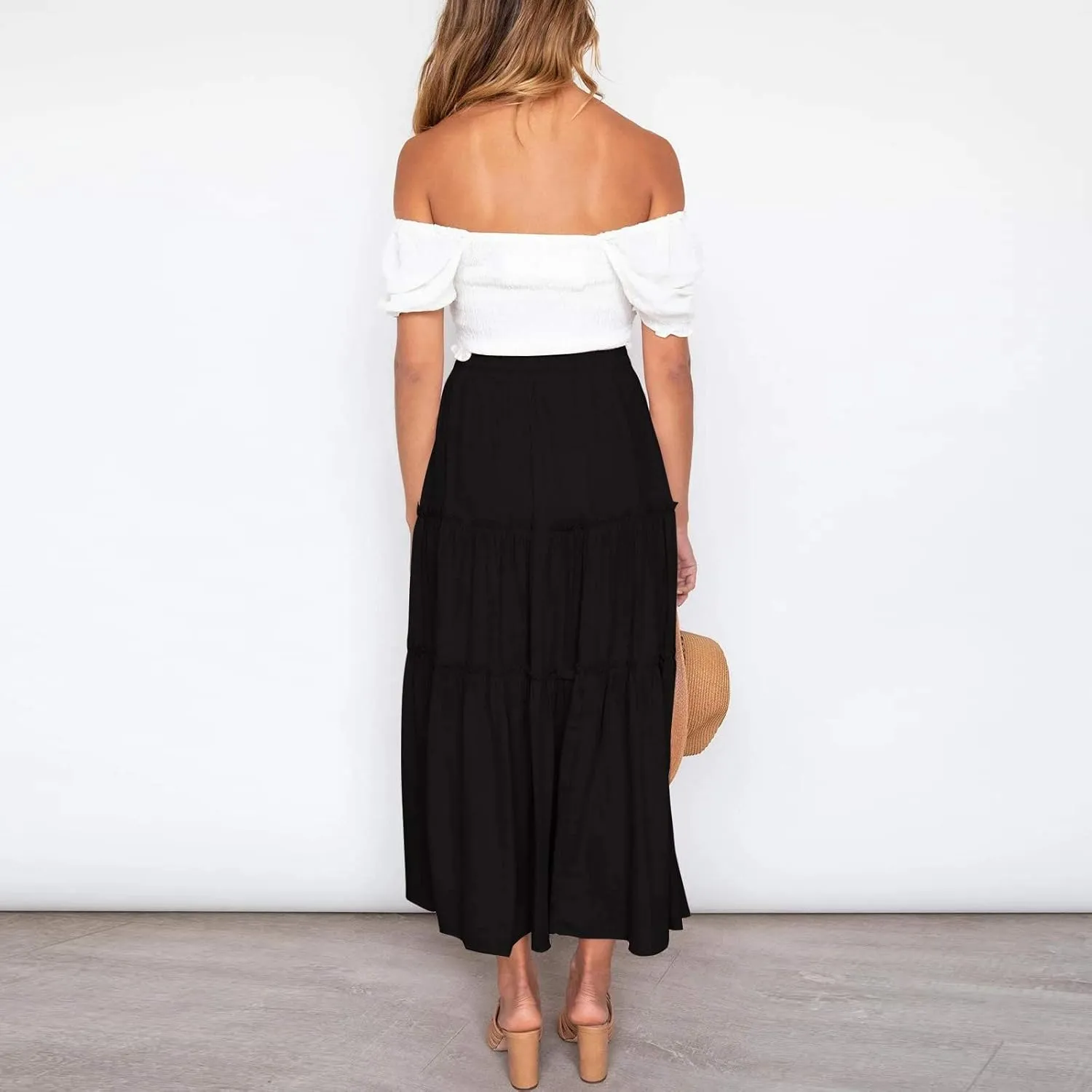 Maxi Skirt for Women Flowy Elastic High Waist Long Skirts Boho Summer Beach Pleated A-Line Skirts with Drawstring