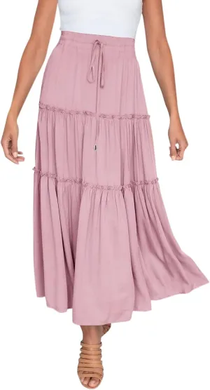 Maxi Skirt for Women Flowy Elastic High Waist Long Skirts Boho Summer Beach Pleated A-Line Skirts with Drawstring