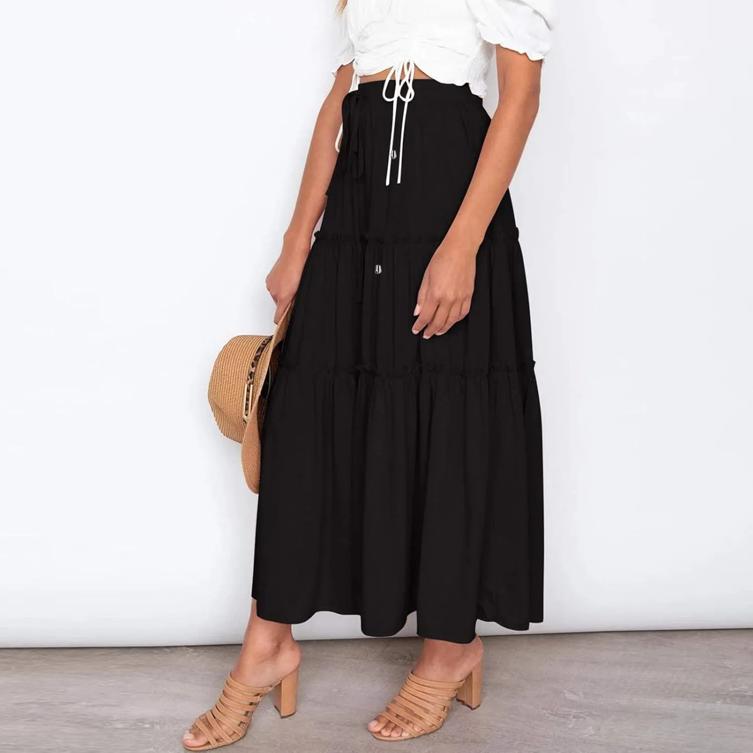 Maxi Skirt for Women Flowy Elastic High Waist Long Skirts Boho Summer Beach Pleated A-Line Skirts with Drawstring