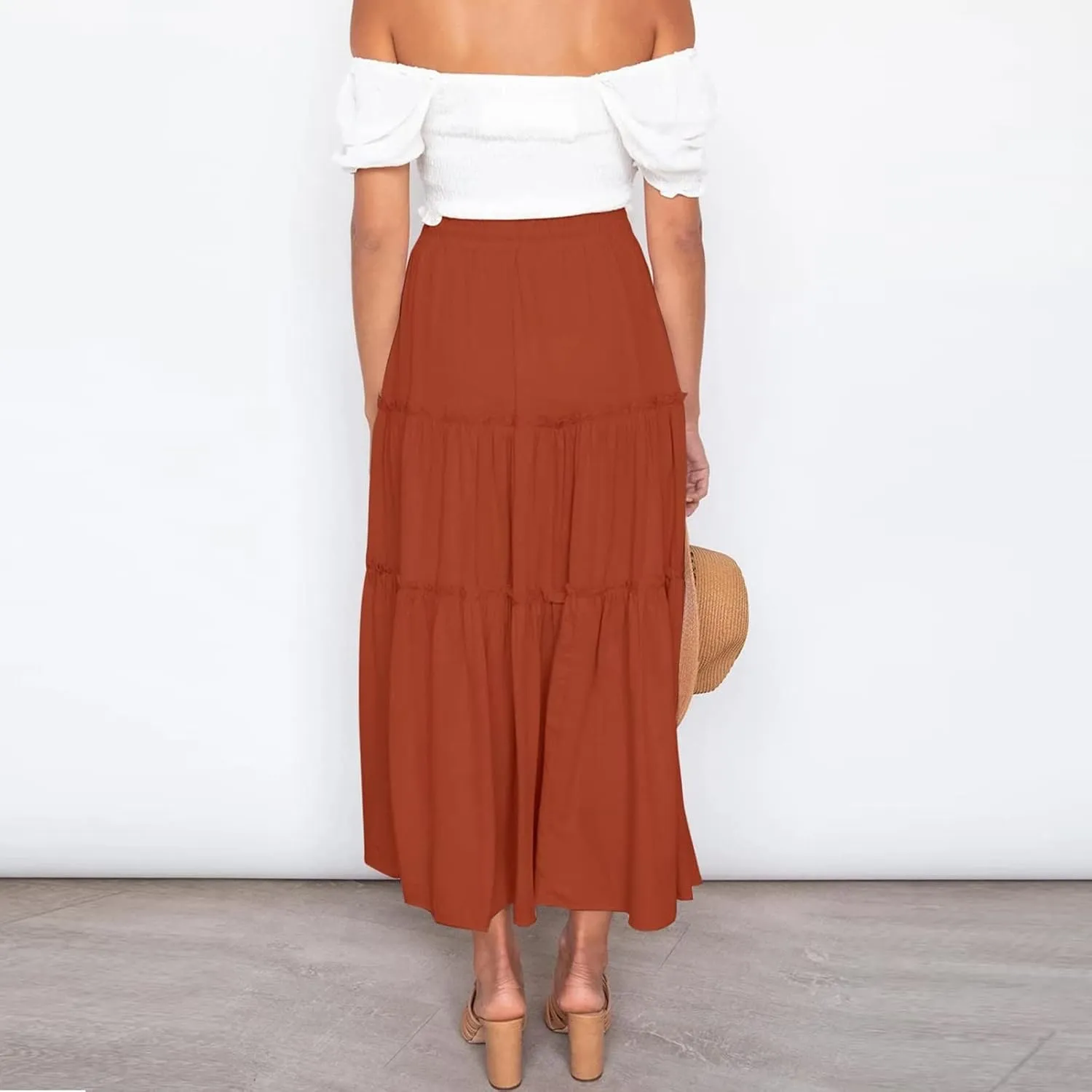 Maxi Skirt for Women Flowy Elastic High Waist Long Skirts Boho Summer Beach Pleated A-Line Skirts with Drawstring