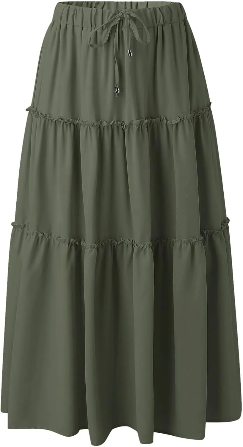 Maxi Skirt for Women Flowy Elastic High Waist Long Skirts Boho Summer Beach Pleated A-Line Skirts with Drawstring
