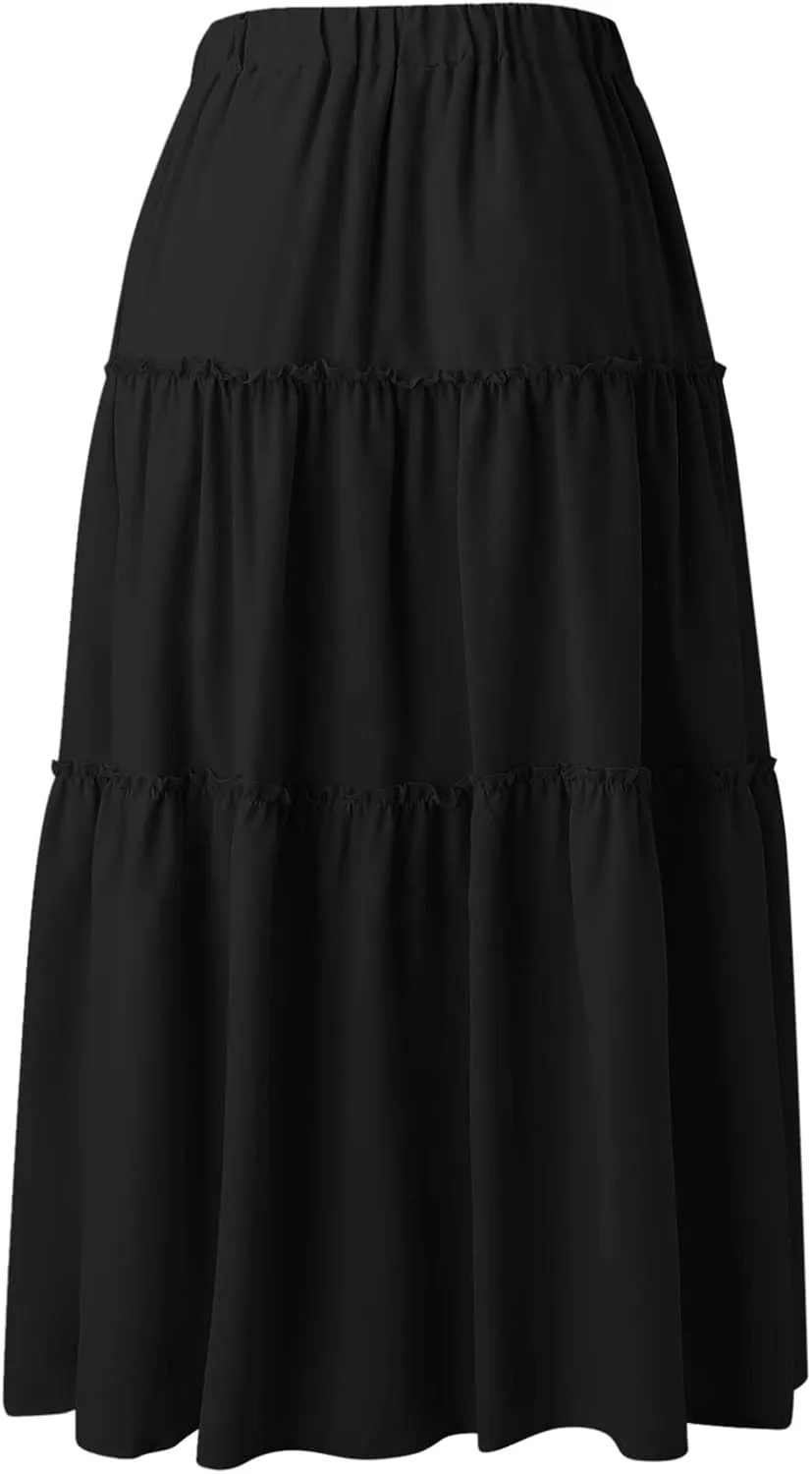 Maxi Skirt for Women Flowy Elastic High Waist Long Skirts Boho Summer Beach Pleated A-Line Skirts with Drawstring