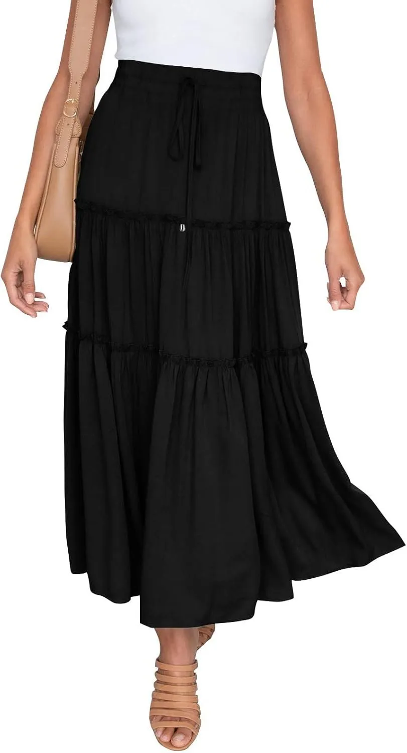 Maxi Skirt for Women Flowy Elastic High Waist Long Skirts Boho Summer Beach Pleated A-Line Skirts with Drawstring
