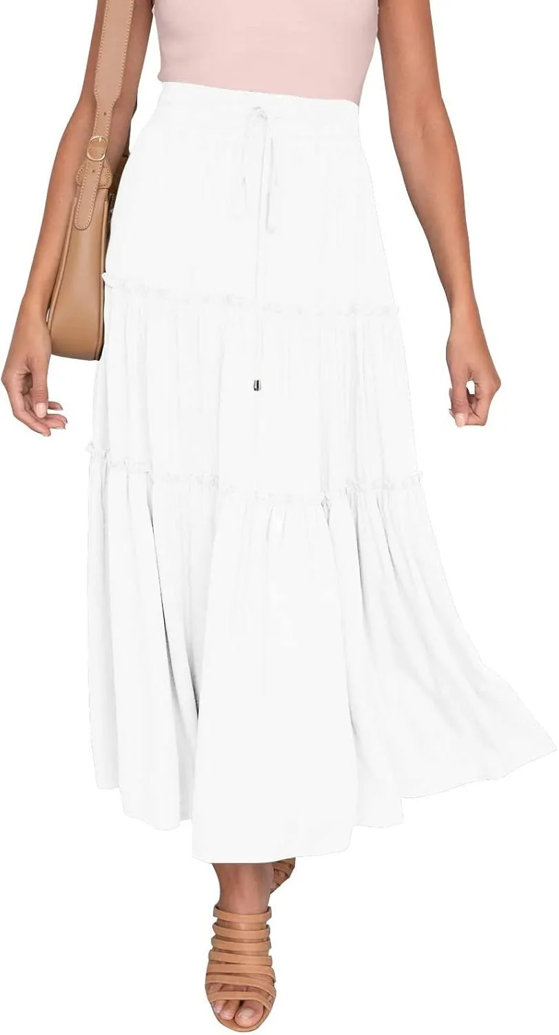 Maxi Skirt for Women Flowy Elastic High Waist Long Skirts Boho Summer Beach Pleated A-Line Skirts with Drawstring