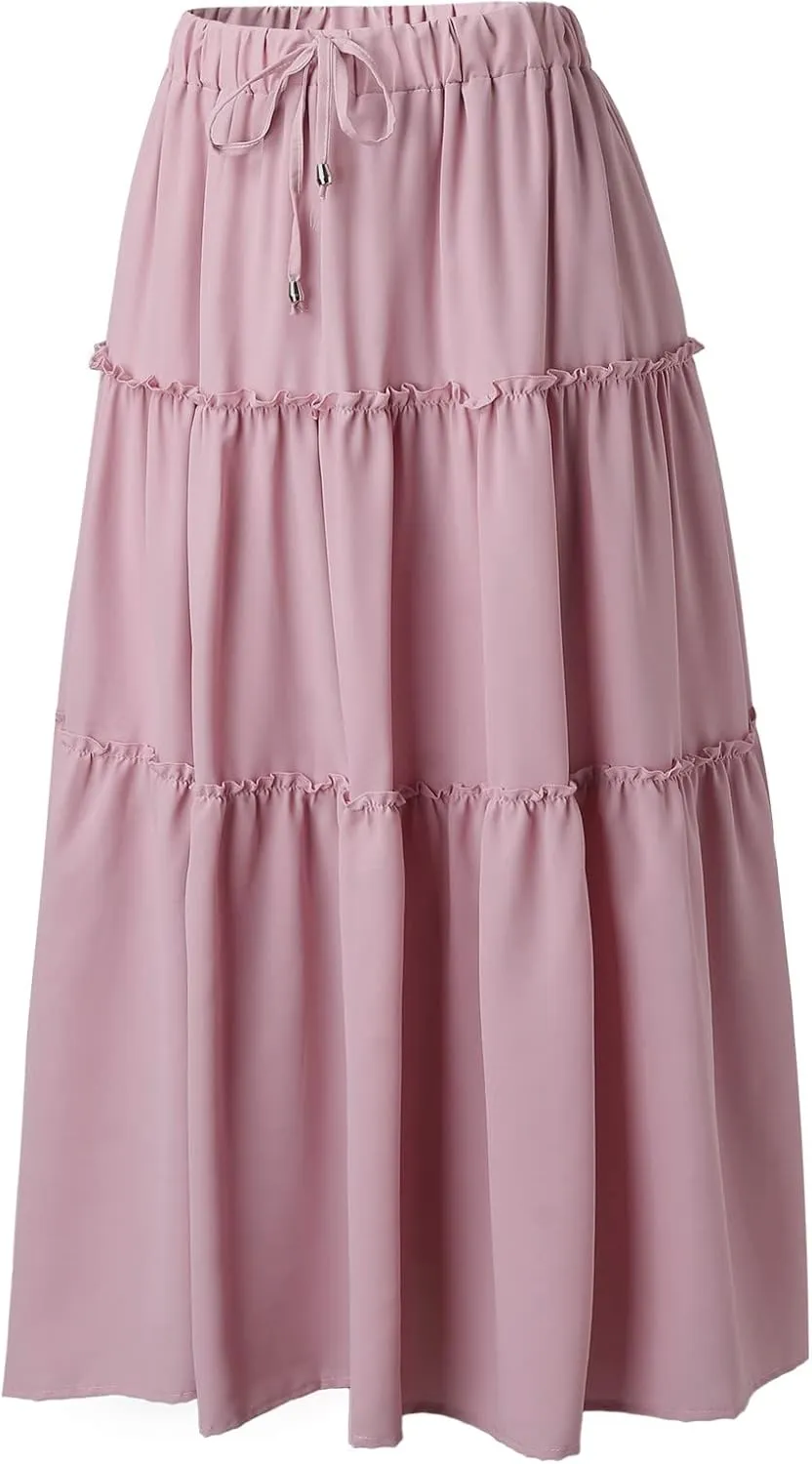 Maxi Skirt for Women Flowy Elastic High Waist Long Skirts Boho Summer Beach Pleated A-Line Skirts with Drawstring