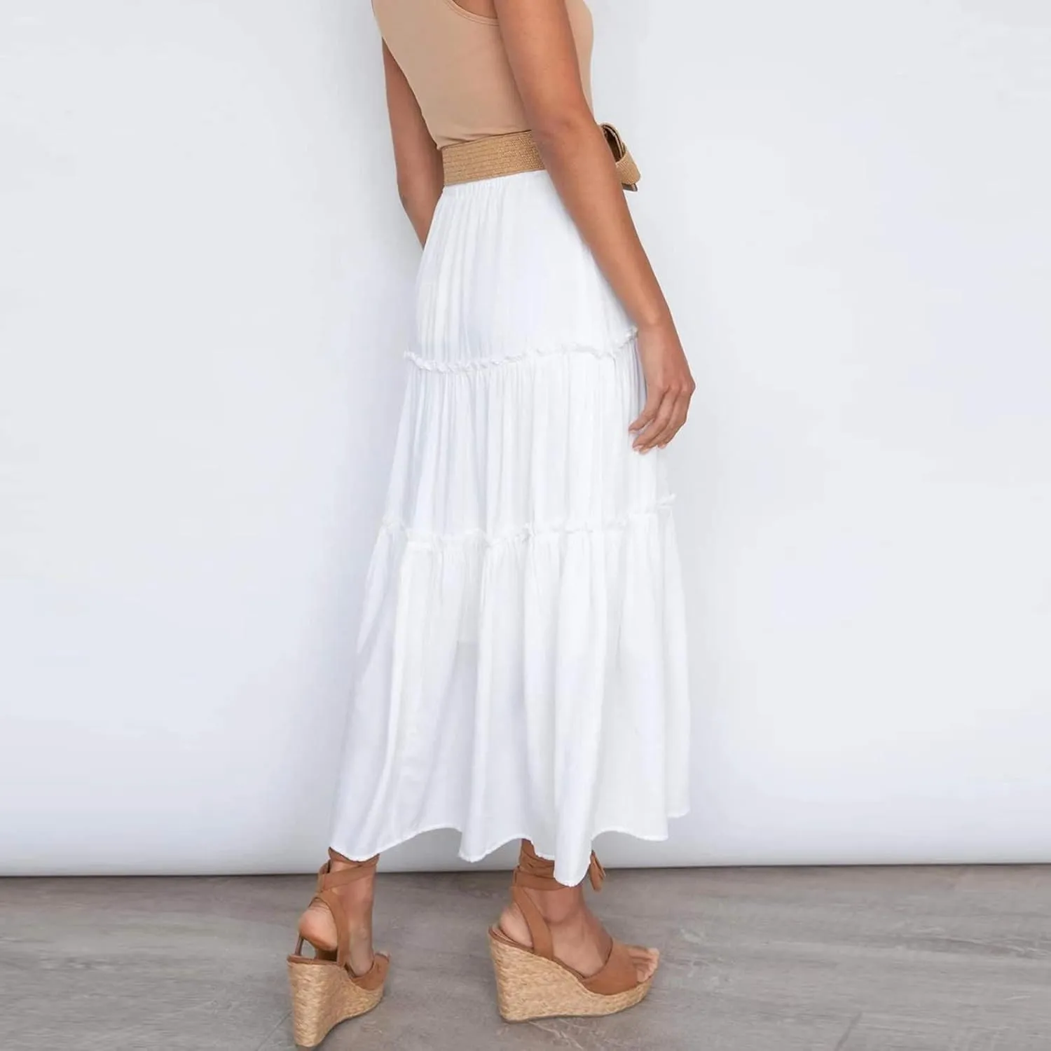 Maxi Skirt for Women Flowy Elastic High Waist Long Skirts Boho Summer Beach Pleated A-Line Skirts with Drawstring