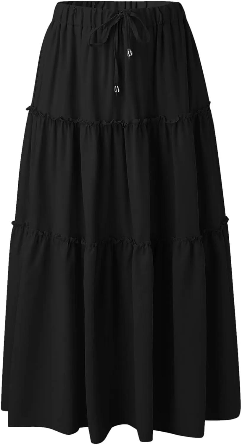 Maxi Skirt for Women Flowy Elastic High Waist Long Skirts Boho Summer Beach Pleated A-Line Skirts with Drawstring