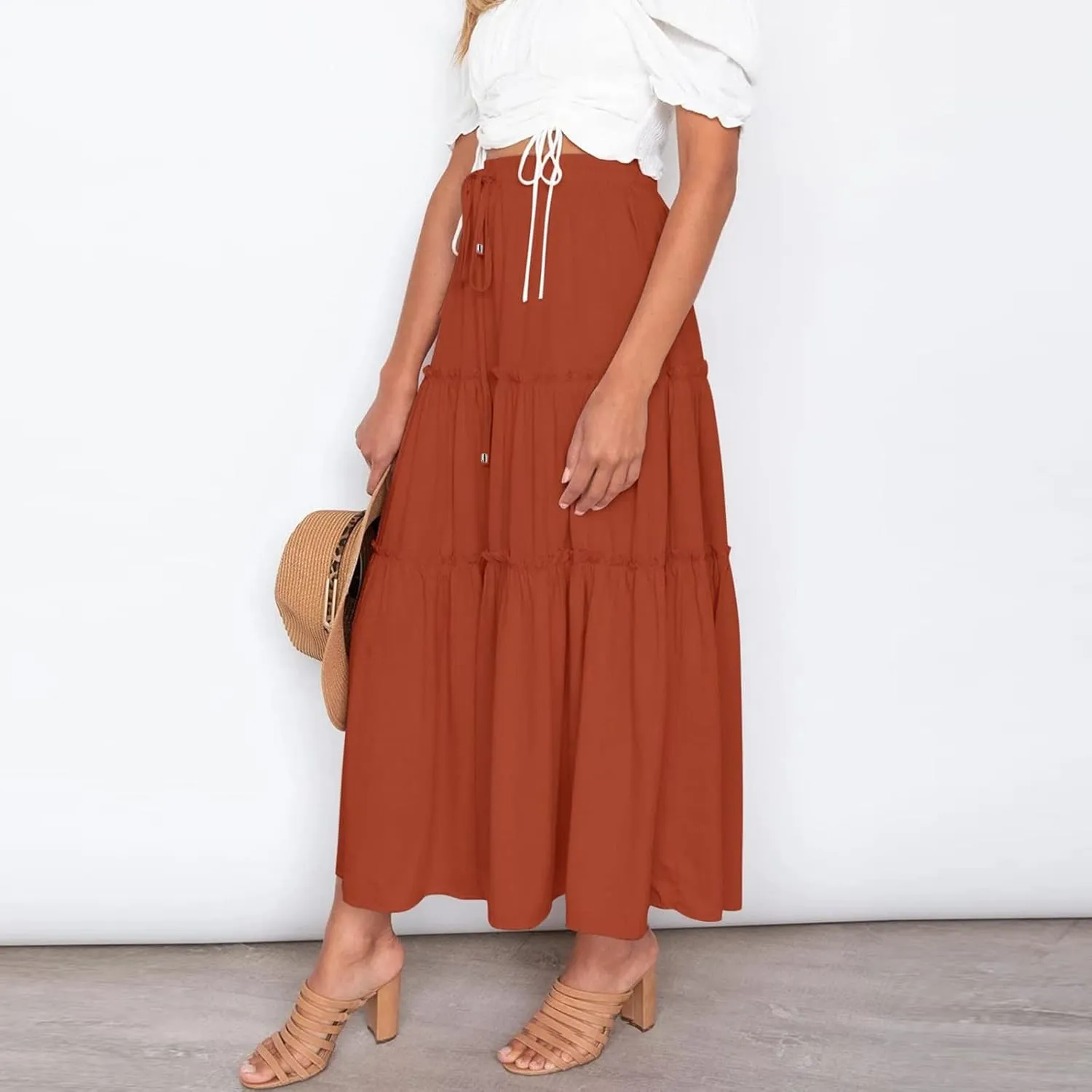 Maxi Skirt for Women Flowy Elastic High Waist Long Skirts Boho Summer Beach Pleated A-Line Skirts with Drawstring