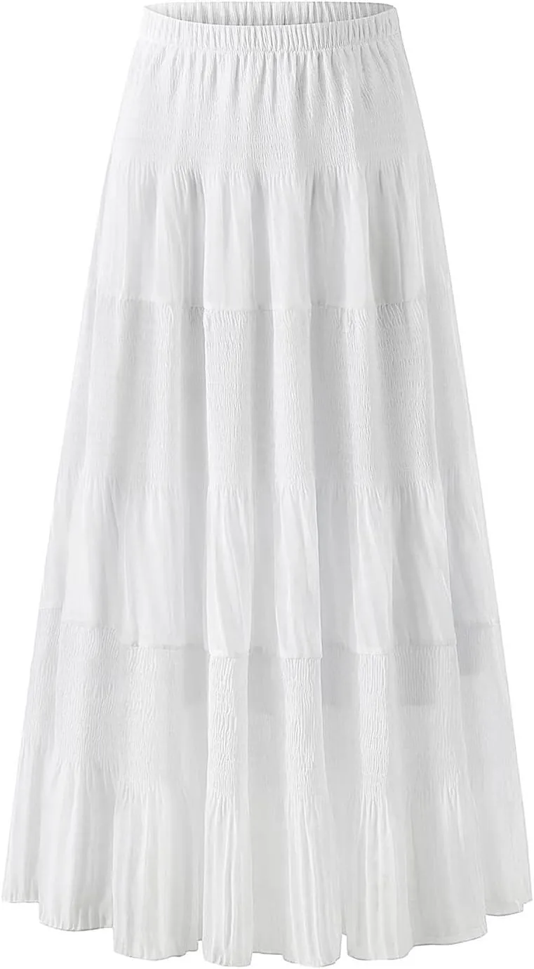 Maxi Skirts for Women Pleated Long Flowy Chiffon Elastic Waist Tiered A Line Skirt
