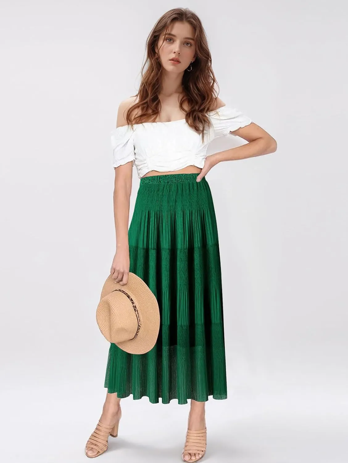Maxi Skirts for Women Pleated Long Flowy Chiffon Elastic Waist Tiered A Line Skirt