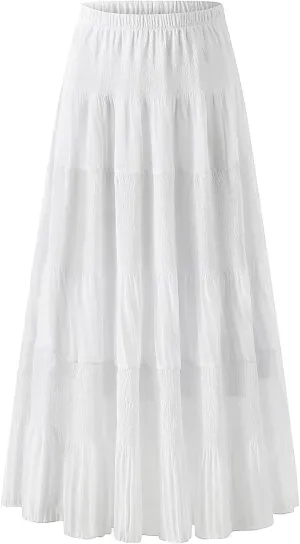 Maxi Skirts for Women Pleated Long Flowy Chiffon Elastic Waist Tiered A Line Skirt
