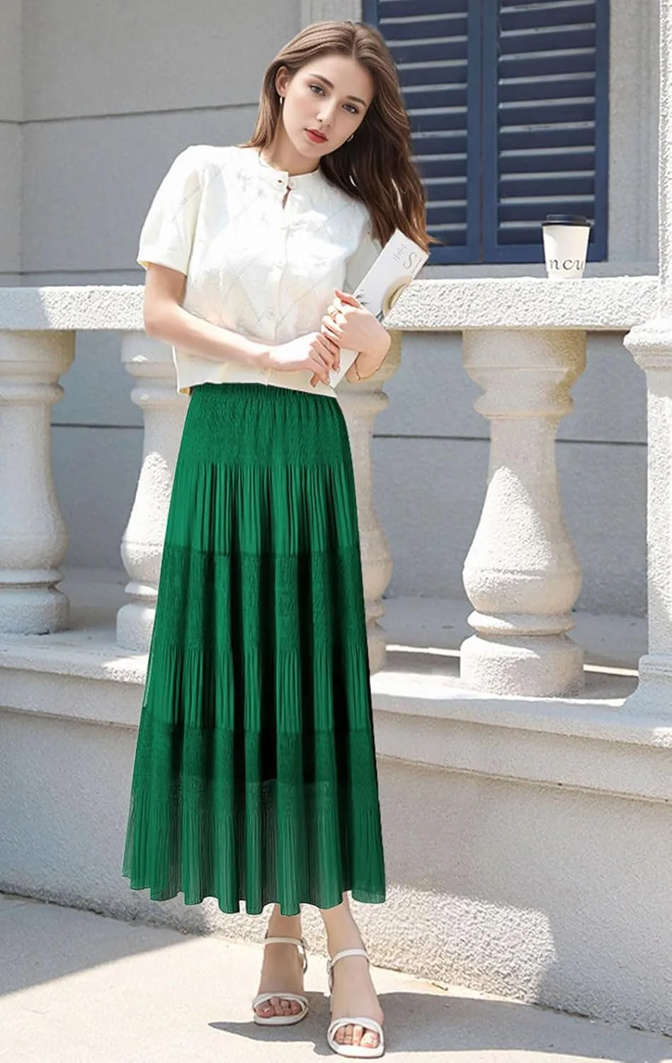 Maxi Skirts for Women Pleated Long Flowy Chiffon Elastic Waist Tiered A Line Skirt