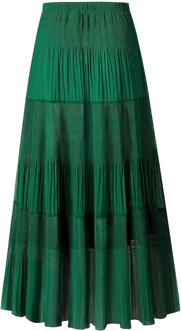 Maxi Skirts for Women Pleated Long Flowy Chiffon Elastic Waist Tiered A Line Skirt