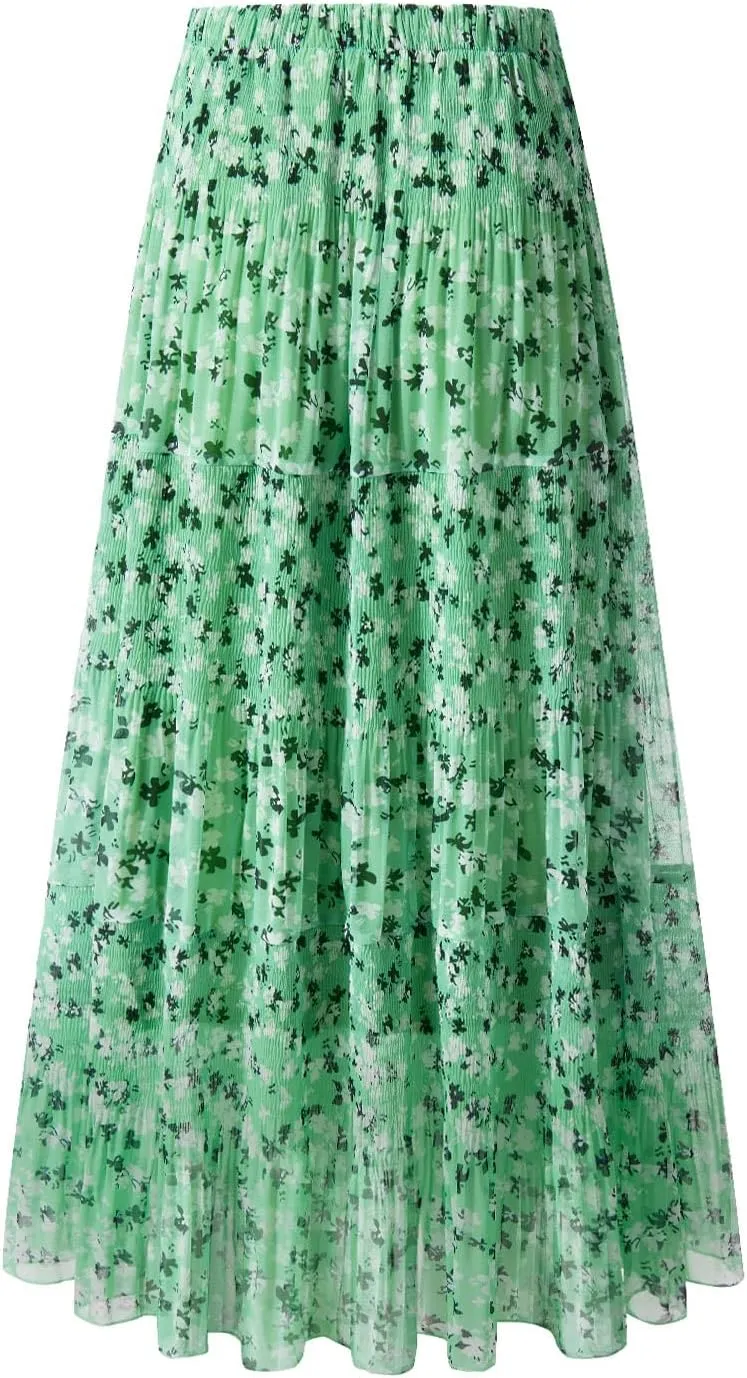 Maxi Skirts for Women Pleated Long Flowy Chiffon Elastic Waist Tiered A Line Skirt