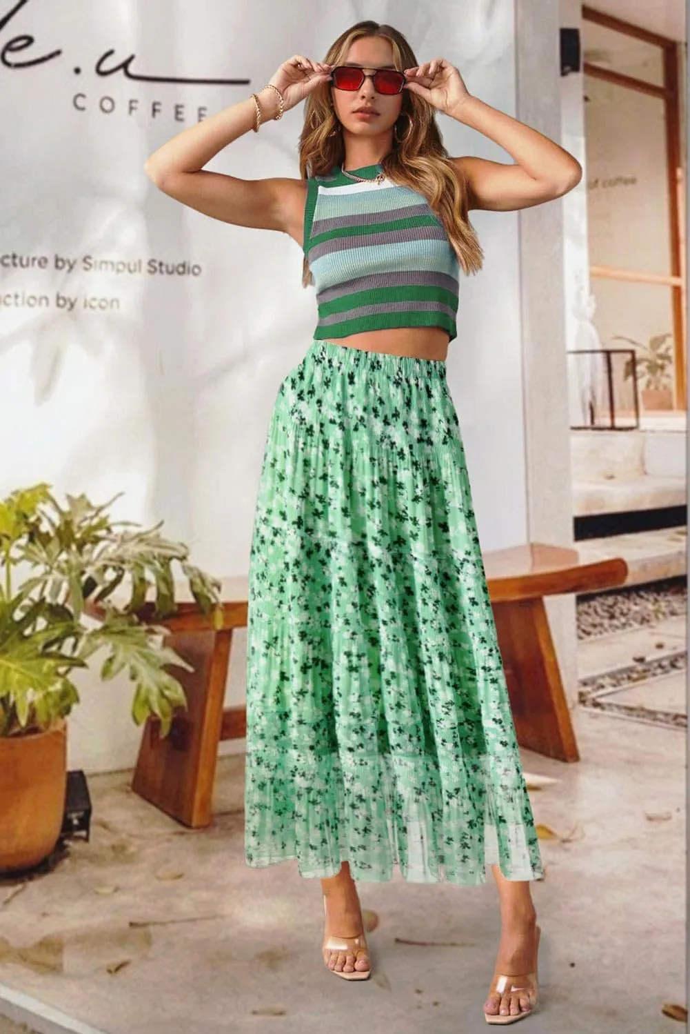 Maxi Skirts for Women Pleated Long Flowy Chiffon Elastic Waist Tiered A Line Skirt
