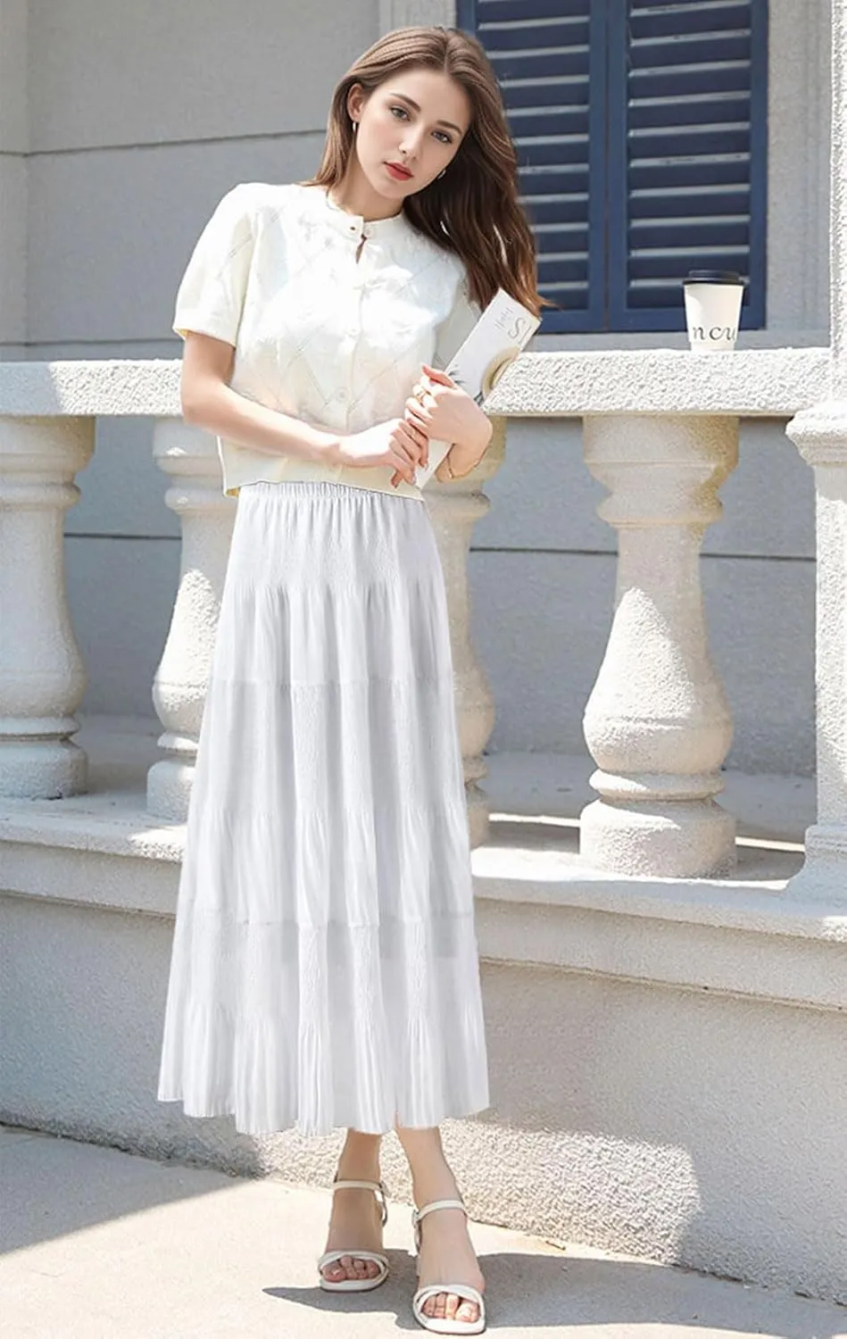 Maxi Skirts for Women Pleated Long Flowy Chiffon Elastic Waist Tiered A Line Skirt
