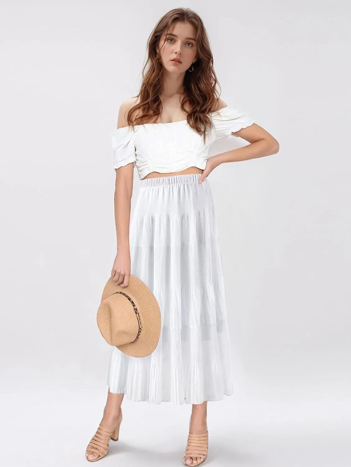 Maxi Skirts for Women Pleated Long Flowy Chiffon Elastic Waist Tiered A Line Skirt
