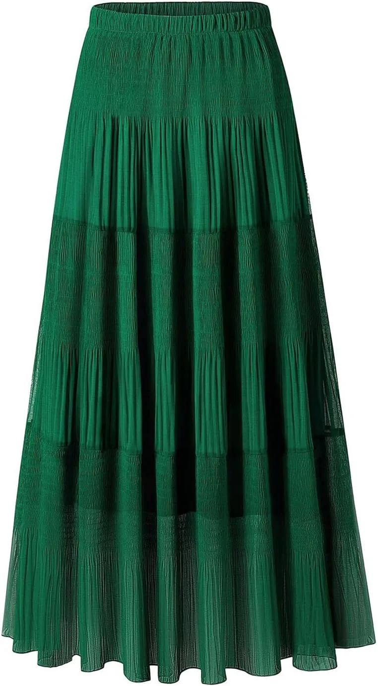 Maxi Skirts for Women Pleated Long Flowy Chiffon Elastic Waist Tiered A Line Skirt