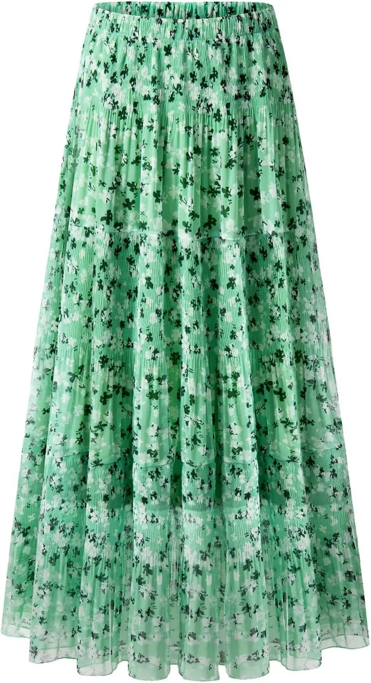 Maxi Skirts for Women Pleated Long Flowy Chiffon Elastic Waist Tiered A Line Skirt