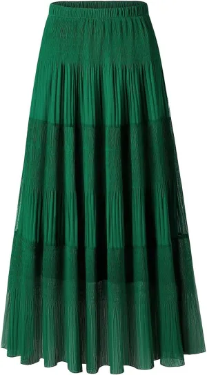 Maxi Skirts for Women Pleated Long Flowy Chiffon Elastic Waist Tiered A Line Skirt