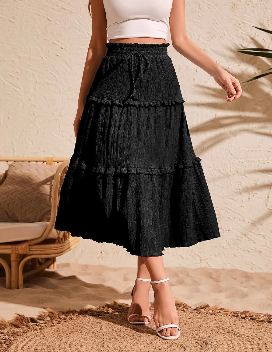 Meetjen Women's Summer Flowy Boho Midi Tiered Ruffle Skirt Elastic High Waist Casual Beach A Line Trendy Long Skirts