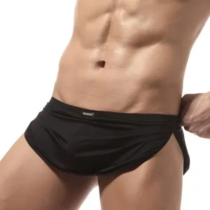 Men's Boxer Jockstrap Sexy Underwear, Silky Satin Split Side Gym Running Active Shorts, 3X-Large, Black