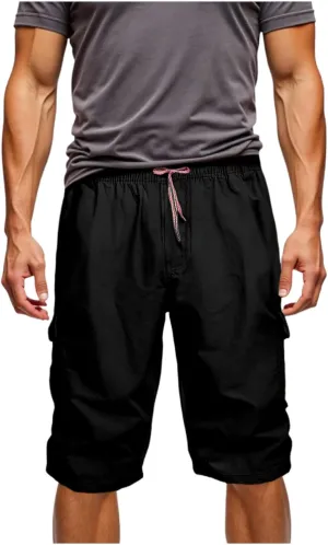 Mens Chino Shorts Casual Drawstring Elastic Waist Plus Size Loose Short Pants with Multiple Pockets Flowy Shorts