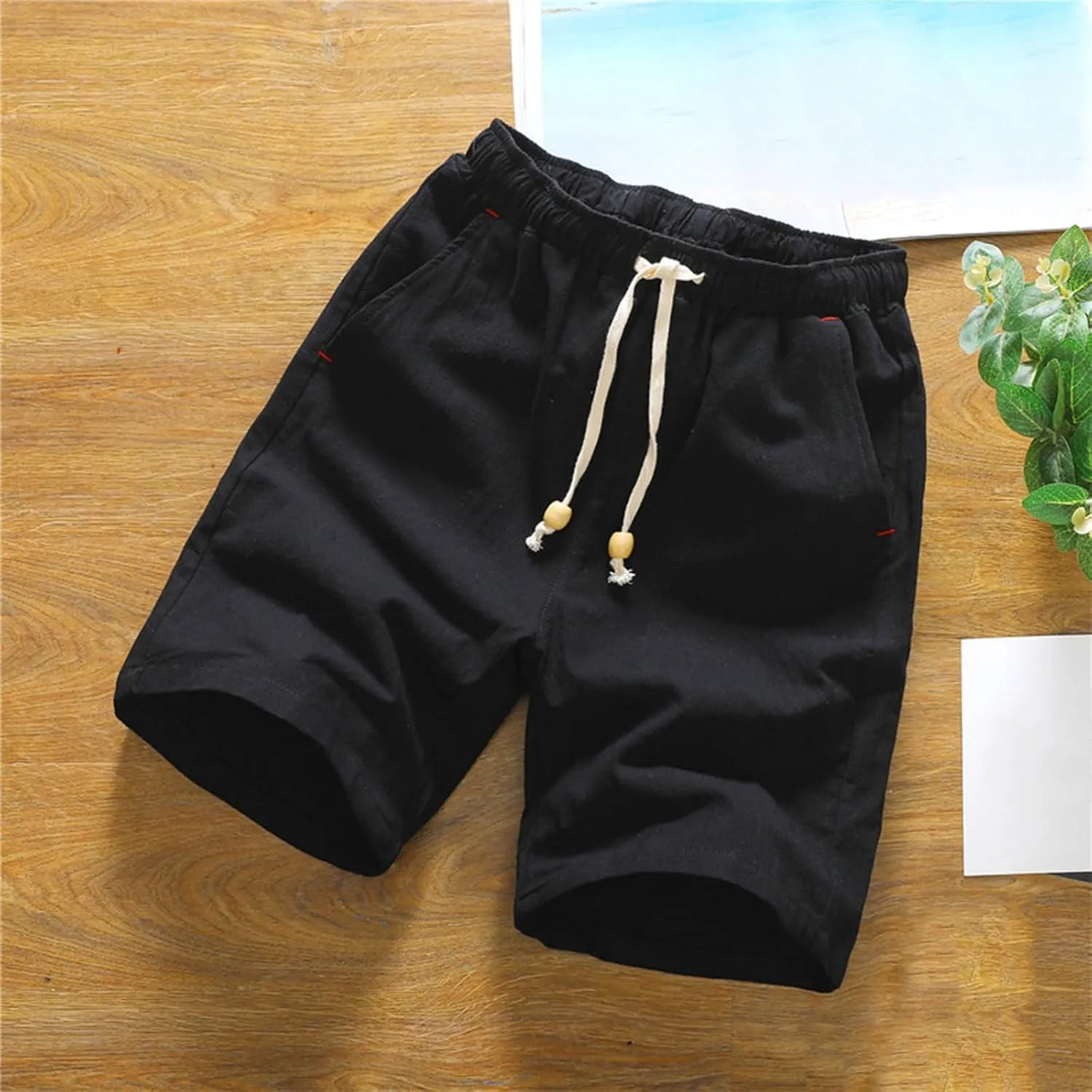 Mens Cotton Linen Shorts Elastic Waist Drawstring Casual Beach Summer Lightweight Comfort Half Shorts with Pockets