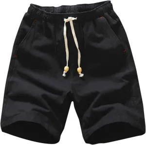 Mens Cotton Linen Shorts Elastic Waist Drawstring Casual Beach Summer Lightweight Comfort Half Shorts with Pockets