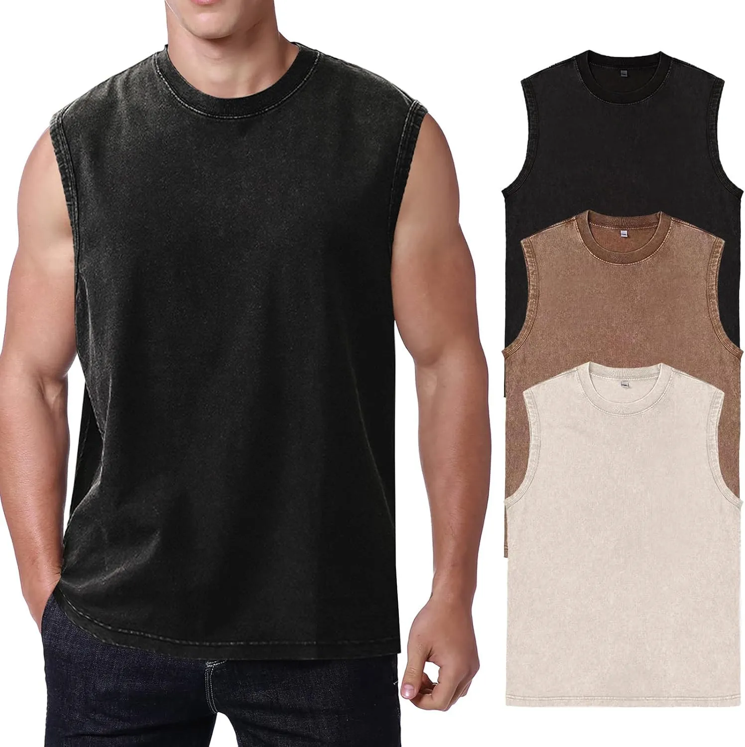 Mens Cotton Sleeveless Tank Tops Cut Off Muscle Gym T Shirts Running Beach Loose Fit Tees