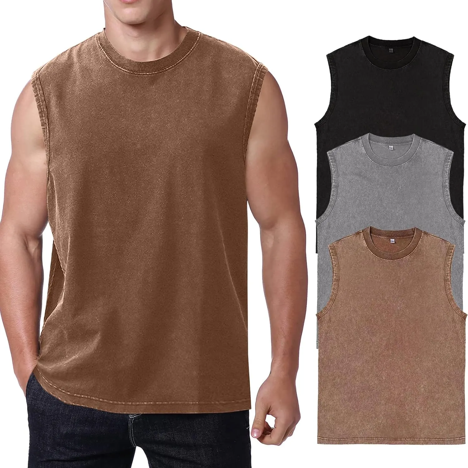 Mens Cotton Sleeveless Tank Tops Cut Off Muscle Gym T Shirts Running Beach Loose Fit Tees