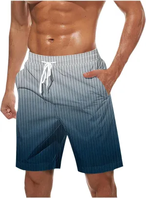 Men's Hawaiian Beach Shorts Elastic Waist Drawstring Stripe Print Shorts for Casual Swimmingshorts with Pockets