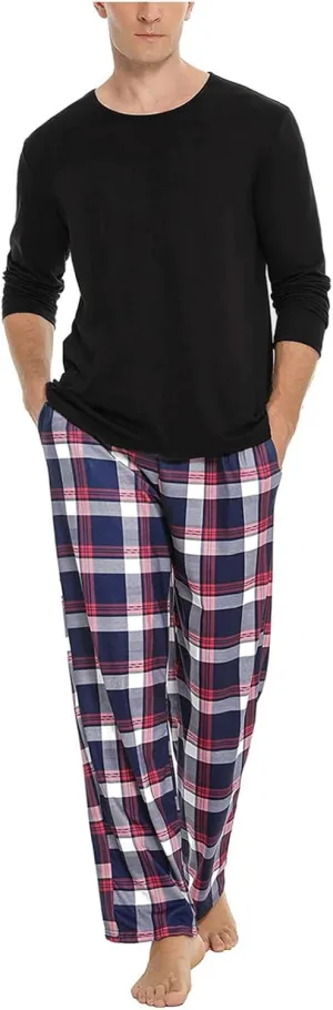Mens Pajama Pants Men's Flannel-Fleece Long Sleeve Top and Pant Sleep Set Men's Jersey Flannel Sleep Lounge Pajama Set