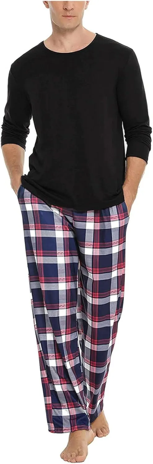 Mens Pajama Pants Men's Flannel-Fleece Long Sleeve Top and Pant Sleep Set Men's Jersey Flannel Sleep Lounge Pajama Set