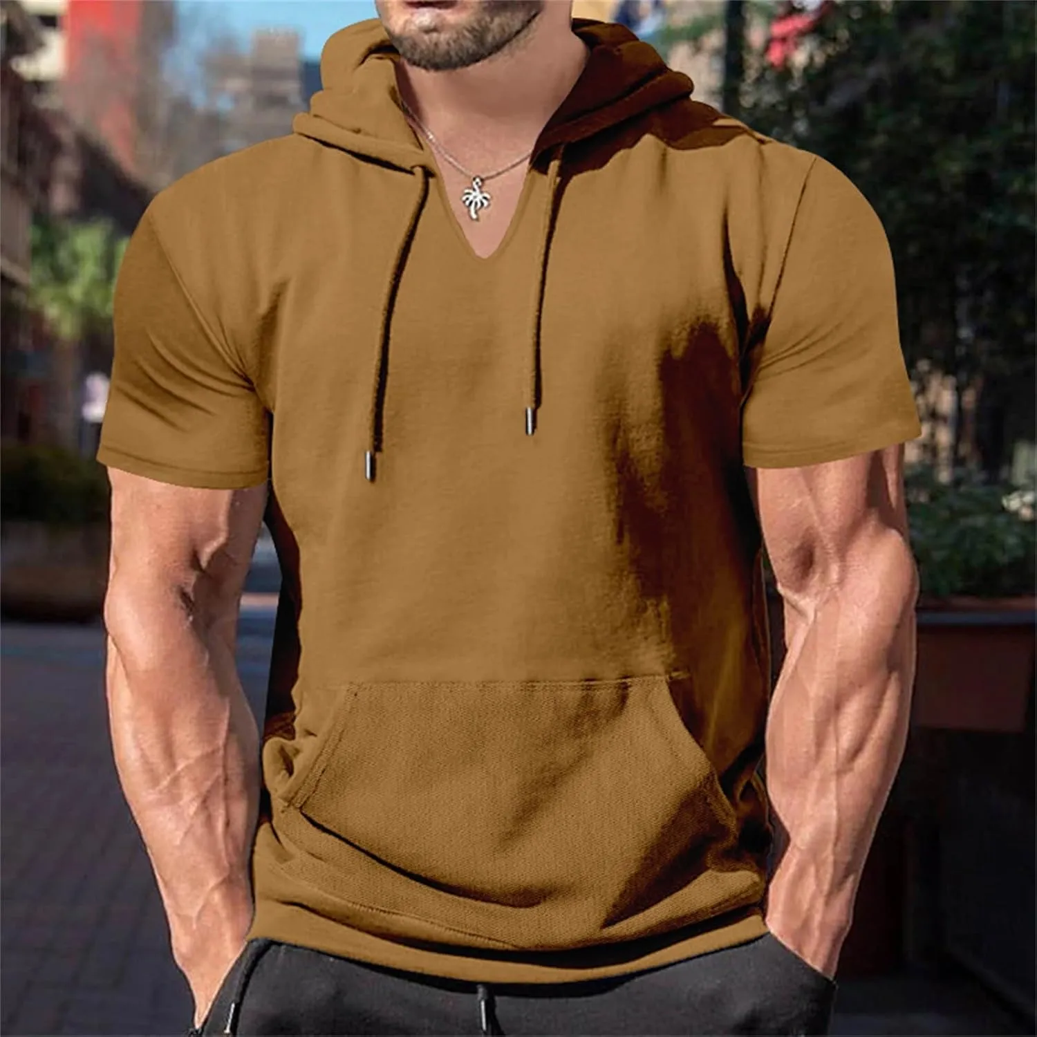 Mens Short Sleeve Hoodie Workout Gym Sweatshirts Casual Lightweight Athletic Muscle Hoodies Pullover Cotton Hooded T-Shirts