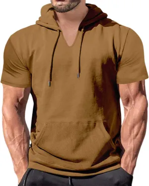 Mens Short Sleeve Hoodie Workout Gym Sweatshirts Casual Lightweight Athletic Muscle Hoodies Pullover Cotton Hooded T-Shirts