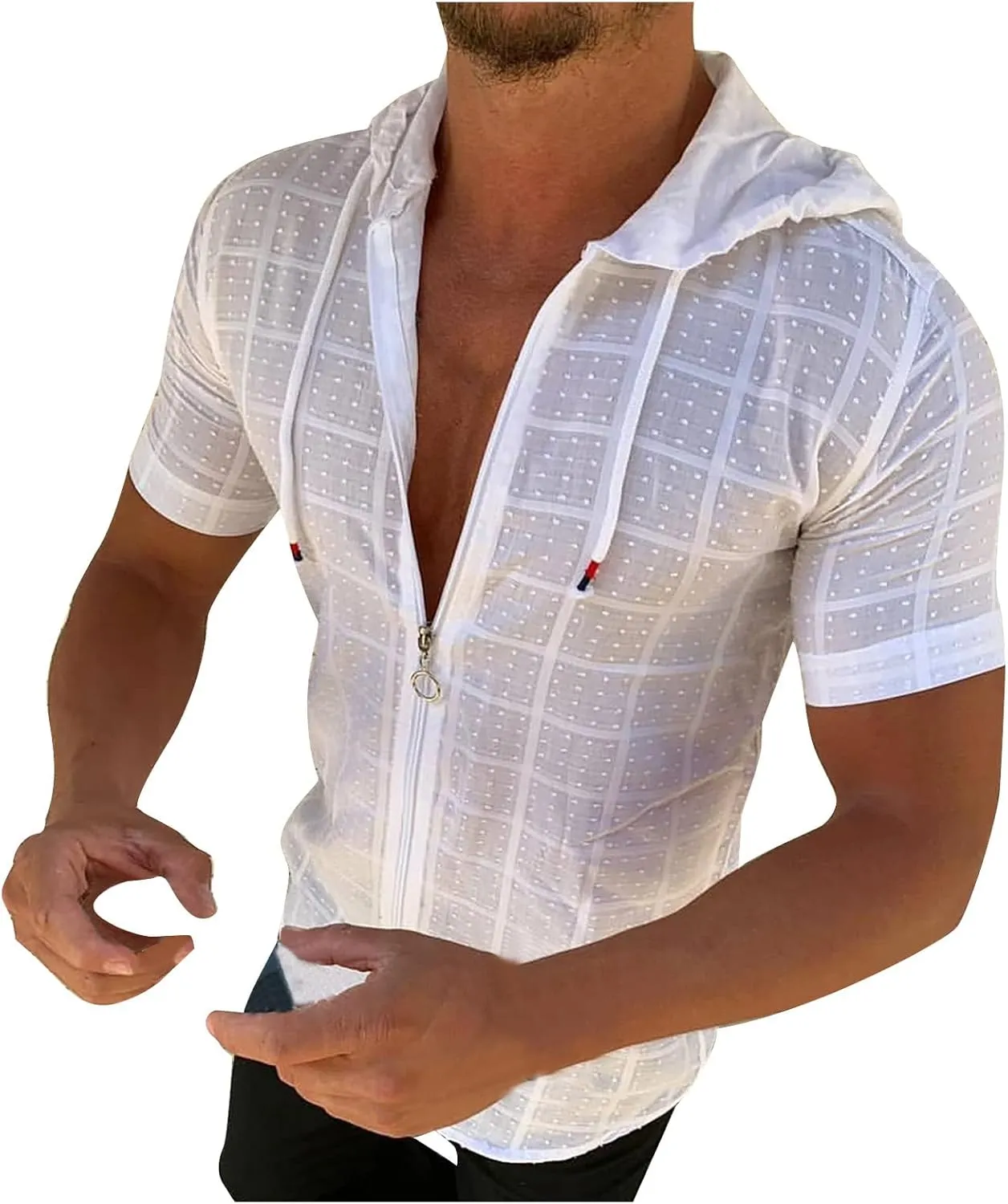 Mens Slim Fit Short Sleeve Hoodie - Summer Full Zip Swiss Dot Drawstring Hooded Cardigan Tops Casual Beach T Shirts
