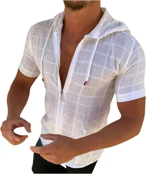 Mens Slim Fit Short Sleeve Hoodie - Summer Full Zip Swiss Dot Drawstring Hooded Cardigan Tops Casual Beach T Shirts