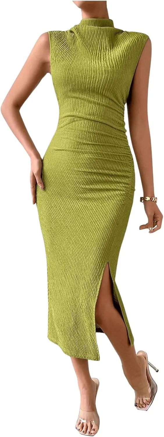 Milumia Women's Mock Neck Side Slit Bodycon Midi Dress Draped Ruched Front Long Tank Dresses