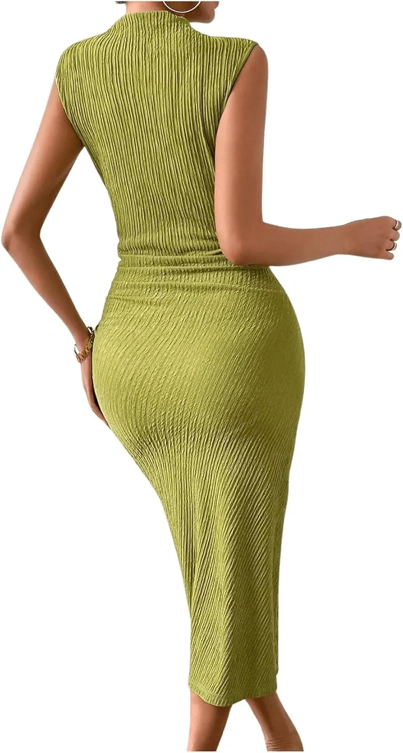 Milumia Women's Mock Neck Side Slit Bodycon Midi Dress Draped Ruched Front Long Tank Dresses