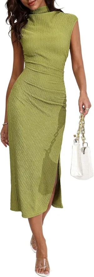 Milumia Women's Mock Neck Side Slit Bodycon Midi Dress Draped Ruched Front Long Tank Dresses